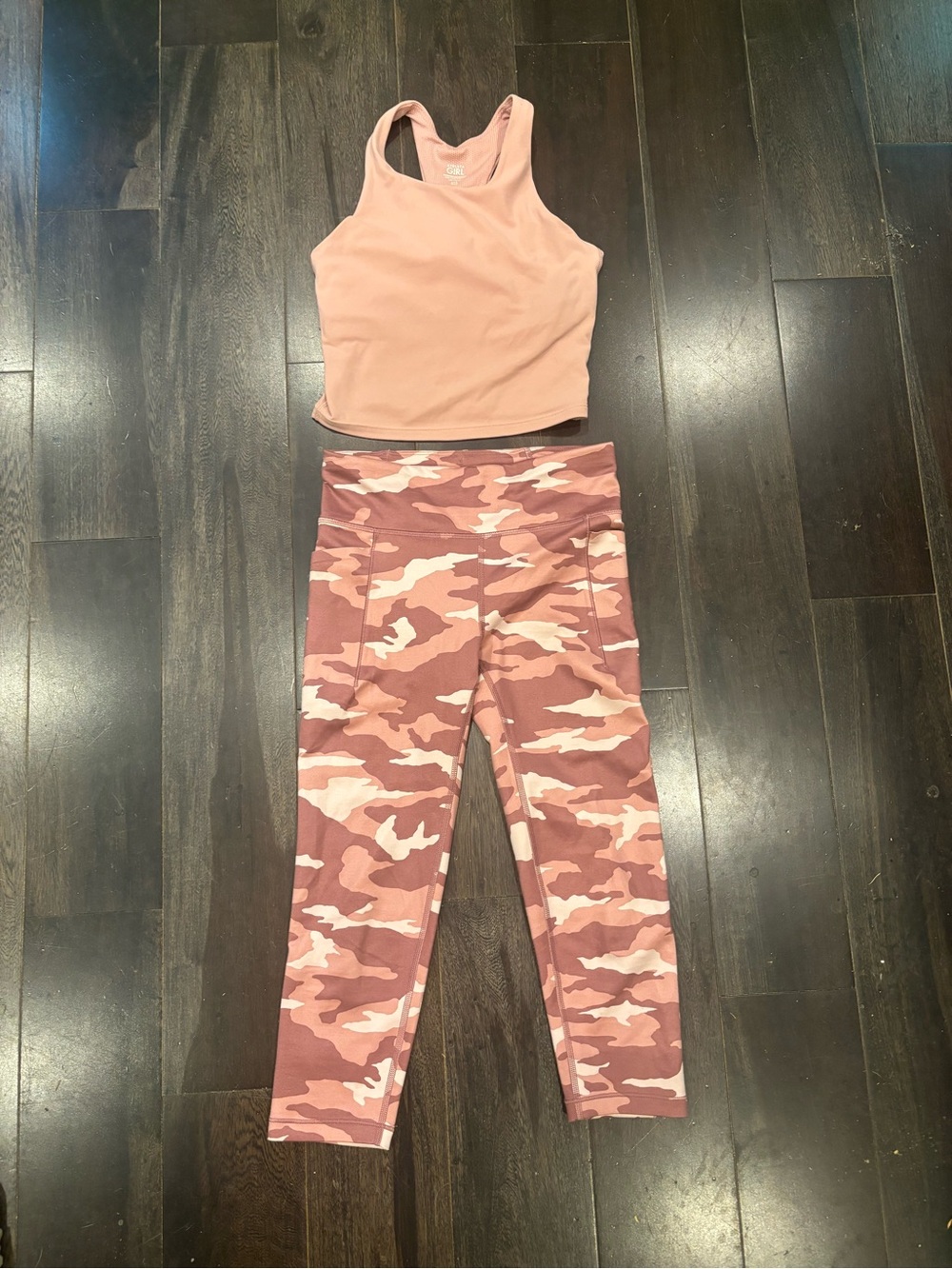 Athleta Girls Pink Camo Stash Pocket Leggings & Built in Bra Tank Set